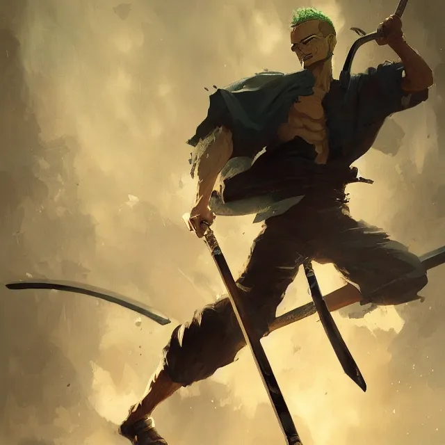 Prompt: a painting of roronoa zoro by greg rutkowski, dark fantasy art, high detail, trending on artstation