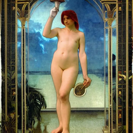 Image similar to Girl with a blood dripping chalice at the palace, thunderstorm, pool, beach and palm trees on the background major arcana sky, by paul delaroche, alphonse mucha and arnold böcklin arnold böcklin hyperrealistic 8k, very detailed