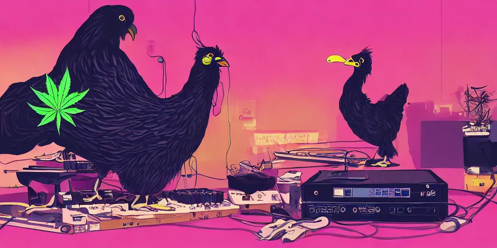 Image similar to 'black chicken'!!! smoking 'cannabis'!!!!!! in front of 'audio console'!!!! and 'multi monitors'!!!! 'in a hi-tech tv broadcasting studio'!!!!, artwork by James Gilleard