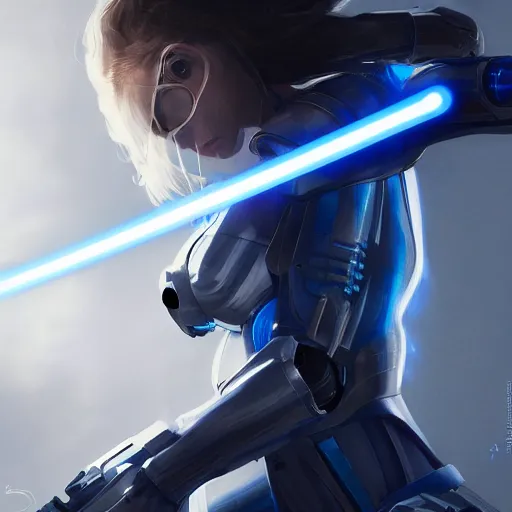 Prompt: Nanosuit female beautiful cyborg with a bright blue lightsaber in her hand, brilliant silver flowing hair, beautiful blue glowing eyes, wideshot ultrawide angle epic scale, by Cedric Peyravernay, highly detailed, excellent composition, cinematic concept art, dramatic lighting, trending on ArtStation