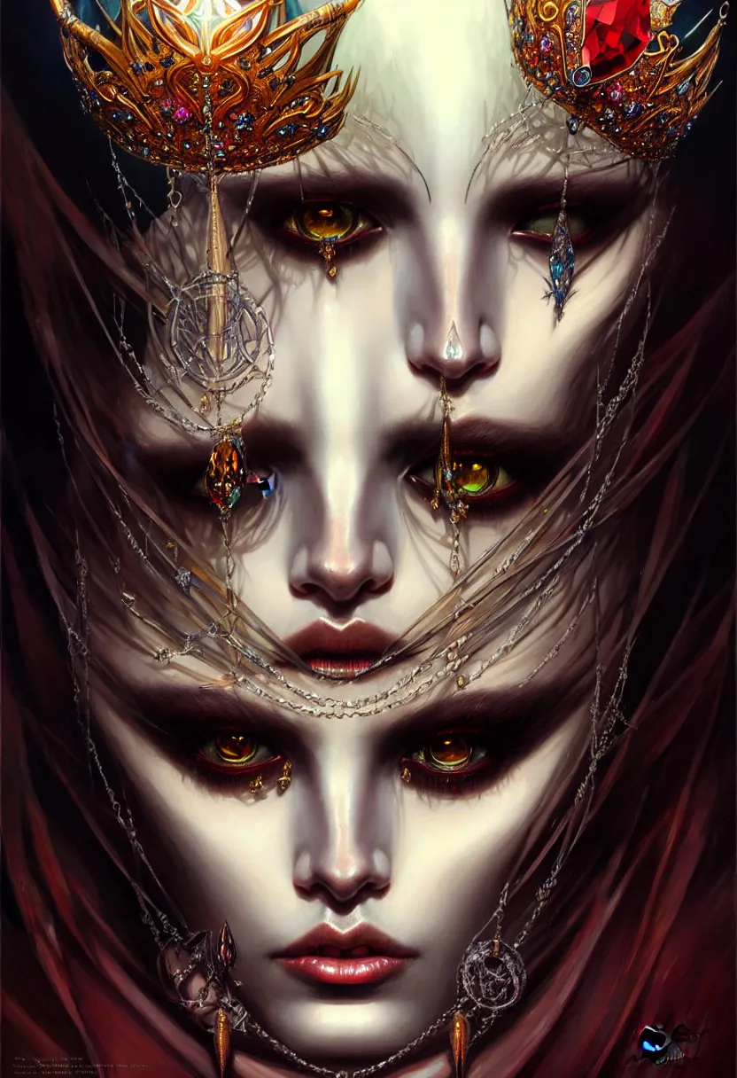 Prompt: A portrait of a jewels-crowned sorceress with vertically slit cornea eyes, by Karol Bak and Jia Ruan, artstation, very detailed, fantasy art, rpg