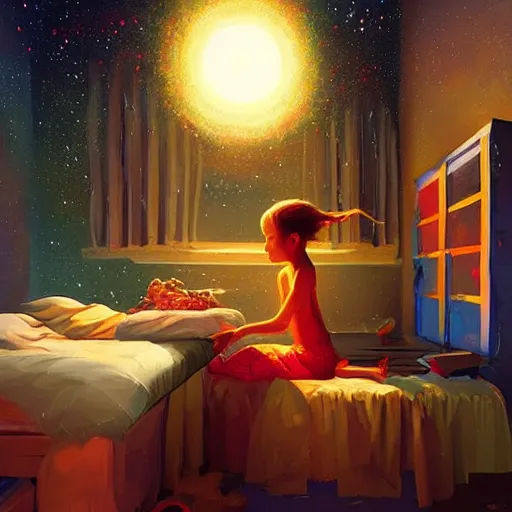 Image similar to a child goddess creating a universe in her room at night. Detailed. Elaborate. Intricate. Digital art. Masterpiece. By Krzysztof Maziarz. RHADS. Repin.