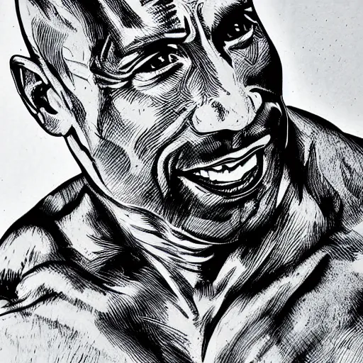 Prompt: wood engraving of dwayne the rock johnson