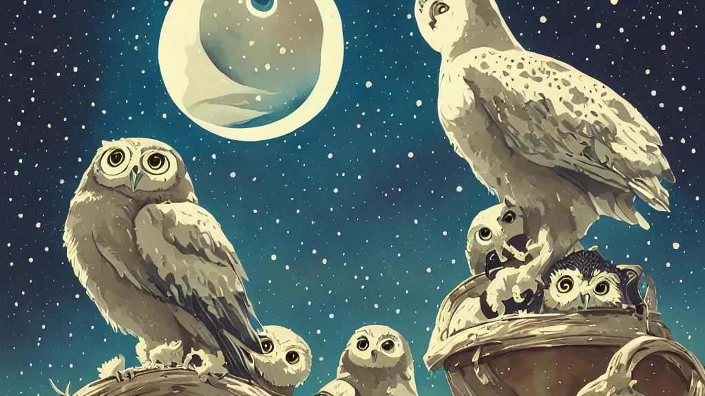 Prompt: very detailed, ilya kuvshinov, mcbess, rutkowski, watercolor papercraft illustration of nest of baby owls at night, colorful, deep shadows, astrophotography, highly detailed, wide shot