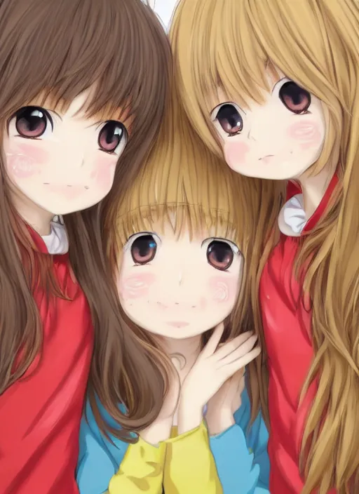 Image similar to highly detailed portrait of one blonde and one brown haired anime girl in onesies hugging each other looking at us, detailed eyes, happy, excited, digital art, cute, anime, detailed faces, well drawn faces, cute faces, hand drawn, 8 k, trending on artstation, official media