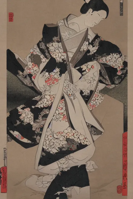 Prompt: geisha with traditional kimono, art of the katsushika hokusai