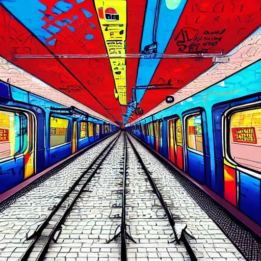 Image similar to a subway station with a graffiti painted subway train, dramatic light, award winning, concept art, art station, in the style of inio asano