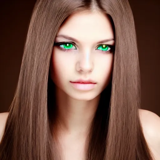 Image similar to add long straight hair to photo, very pretty model, heart shaped face, green eyes
