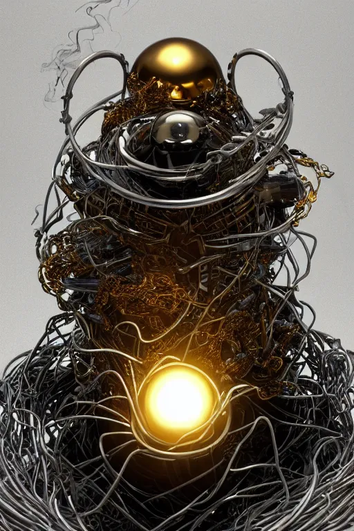 Image similar to an immaculate render of a metallic spiral made of old modular robot parts spawning cables and bird wings floating in a temple surrounded by glowing orbs made from chrome and incense smoke on a solid black background, powerful, cinematic, beautifully lit, by craig mullins, by galan pang, 3 d, trending on artstation, octane render, 8 k