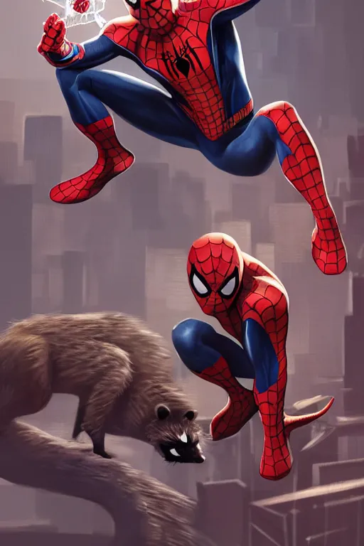 Image similar to spider - man sit on the raccoon and eating donuts, concept art, trending on artstation, highly detailed, intricate, sharp focus, digital art, 8 k