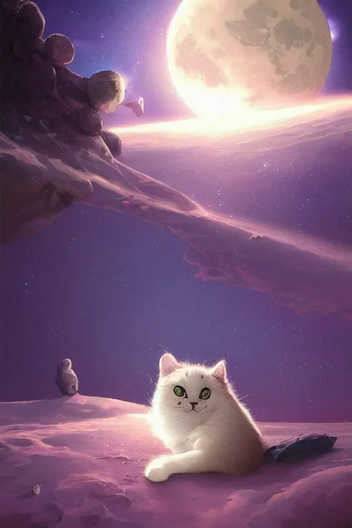 Image similar to Kawaii Cat on the moon with a view of the earth in the background, elegant, digital painting, highly detailed, artstation, concept art, smooth, sharp focus, illustration, art by artgerm and greg rutkowski.