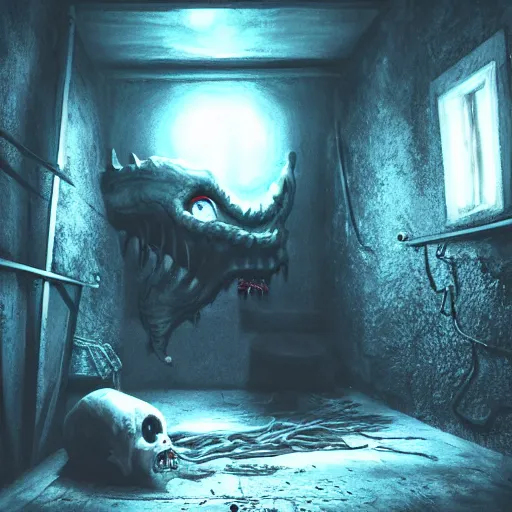 Image similar to creepy monster lurking in a dingy basement, highly detailed, epic lighting, hyper photorealism, low angle, trending on artstation 8 k