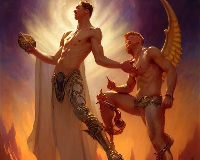 Image similar to attractive male deity, casting demonic magic, summoning handsome lucifer morning star. highly detailed painting by gaston bussiere, craig mullins, j. c. leyendecker 8 k