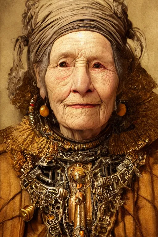 Prompt: portrait, headshot, digital painting, of a old 17th century, old lady cyborg merchant, amber jewels, baroque, ornate clothing, scifi, futuristic, realistic, hyperdetailed, chiaroscuro, concept art, art by rembrandt