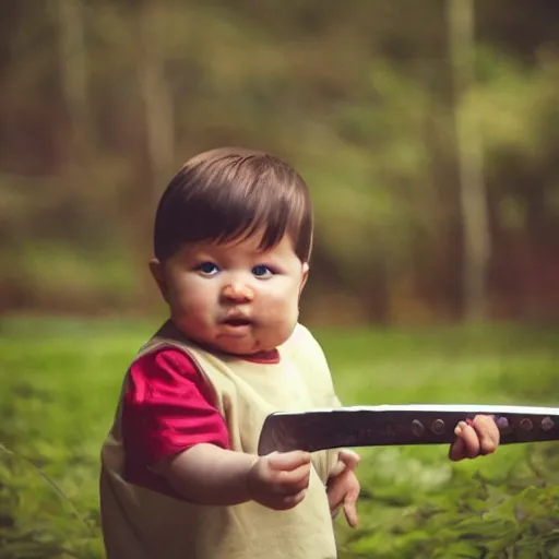 Prompt: a baby holding a giant oversized sword