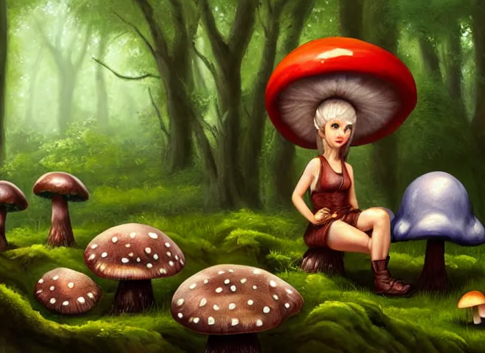 Prompt: classic oil painting, a cute creature sitting next to a mushroom, as a dnd character, standing in the forrest, highly detailed, digital illustration, concept art