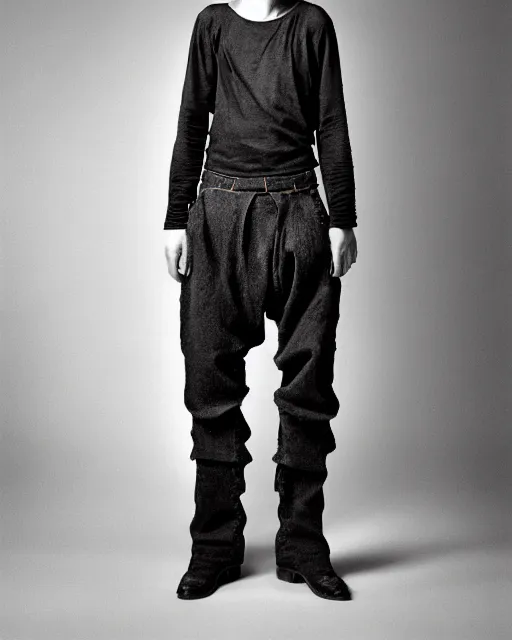 Image similar to an award - winning photo of an ancient male model wearing a plain boot cut flared distressed medieval designer menswear trousers designed by issey miyake, 4 k, studio lighting, wide angle lens, 2 0 0 4