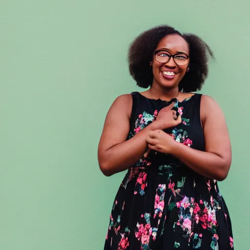 Prompt: a black woman in a flowy flowery dress standing in front of a gorgeous green sky, smiling, 50mm