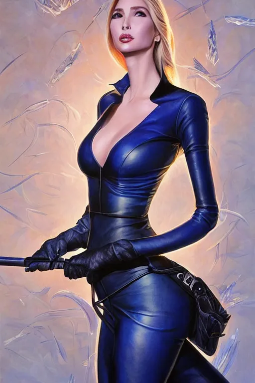 Image similar to Ivanka trump as a heroine in blue leather, intricate, elegant, highly detailed, centered, digital painting, artstation, concept art, smooth, sharp focus, illustration, art by artgerm and donato giancola and Joseph Christian Leyendecker, Ross Tran, WLOP, smoking crack in a crack pipe