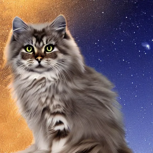 Prompt: Detailed shiny Siberian cat sitting on the moon, digital art