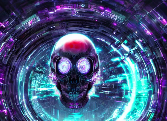 Image similar to a futuristic skull with glowing eyes and a wormhole tunnel, cyberpunk art by android jones, behance contest winner, computer art, darksynth, synthwave, rendered in cinema 4 d