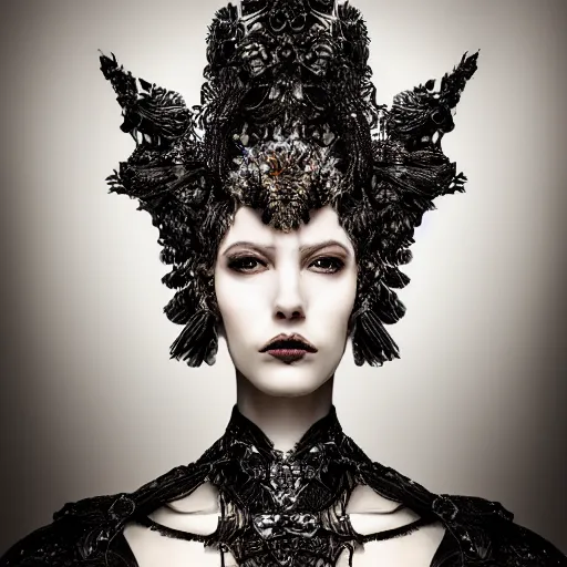 Image similar to a portrait of female model by stefan geselle and nekro borja, photorealistic, intricate details, hyper realistic, ornate headpiece, dark beauty, photorealistic, canon r 3, wide shot, photography, dark beauty, symmetrical features, wide angle shot