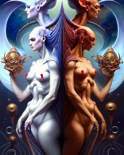 Image similar to beautiful gemini good and evil, happy and sad faces, fantasy character portrait, ultra realistic, wide angle, intricate details, the fifth element artifacts, highly detailed by peter mohrbacher, boris vallejo, hajime sorayama, wayne barlowe, aaron horkey, gaston bussiere, craig mullins