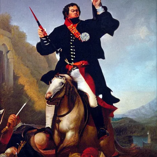 Prompt: joaquin phoenix as napoleon confused whilst storming a castle in napoleonic outift, oil painting