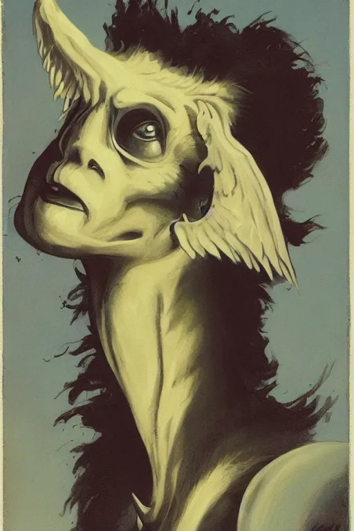 Image similar to shabby griffin,art by Earle K. Bergey and Tom Fleming,trending on artstation, silty lighting low angle view,positivism ,american romanticism ,Eraserhead ,creature concept art,tintype ,