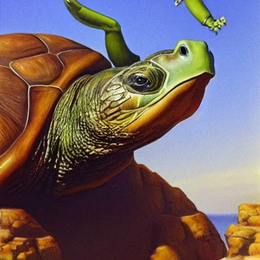 Prompt: a turtle wearing a cow head, surrealism, painting by boris vallejo and michael whelan