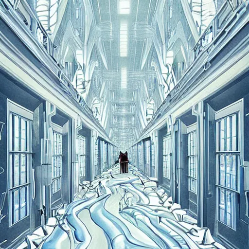 Image similar to a flood of slime in a bright white hallway with many doors and many stairs, Mc Escher architecture, epic composition, by Makoto Shinkai