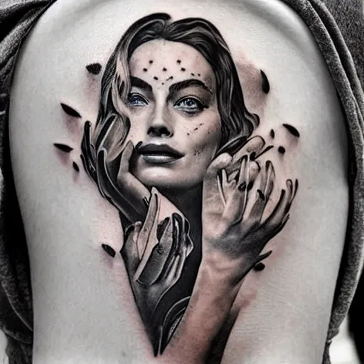 Image similar to surrealist tattoo design of margot robbie and nature double exposure effect, in the style of arlo dicristina, amazing detail