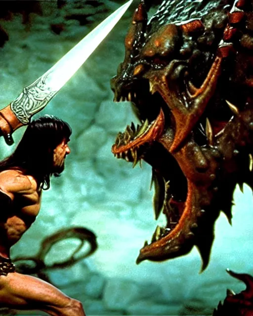 Prompt: closeup Photo of Conan the Barbarian fighting a dragon with a sword in a dungeon, rim lighting, octane, Frank frazetta, Edgar Rice Burroughs,