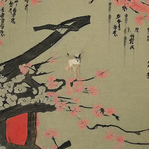 Image similar to samurai fox with a katana. sakura forest in the background. old japanese painting. fresco