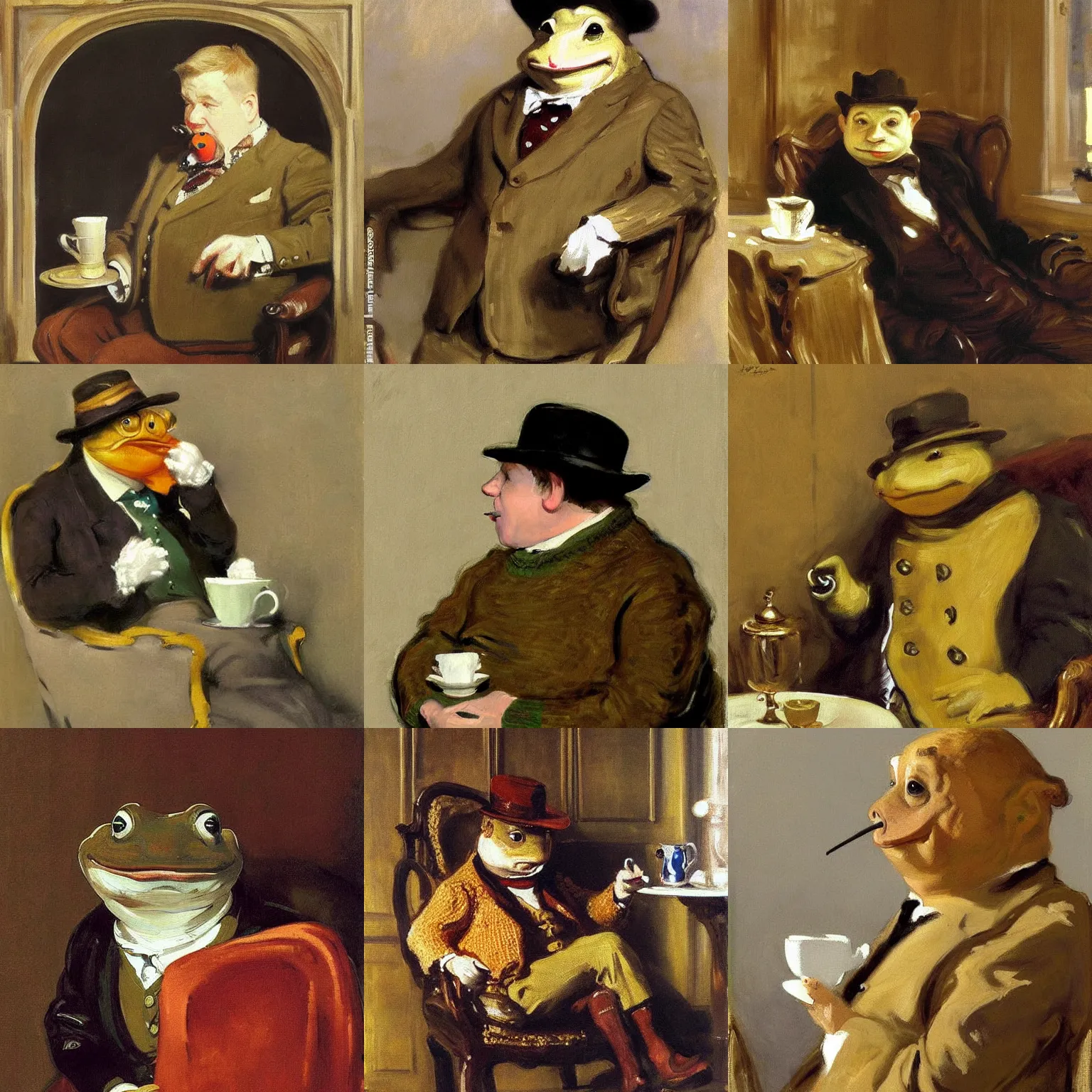 Prompt: a painting of Mr toad sipping tea while wearing a sweater and sitting in an armchair. Realistic painting by John Singer Sargent