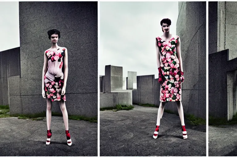 Image similar to fashion editorial photography in a world with brutalist architecture overgrown with flowers