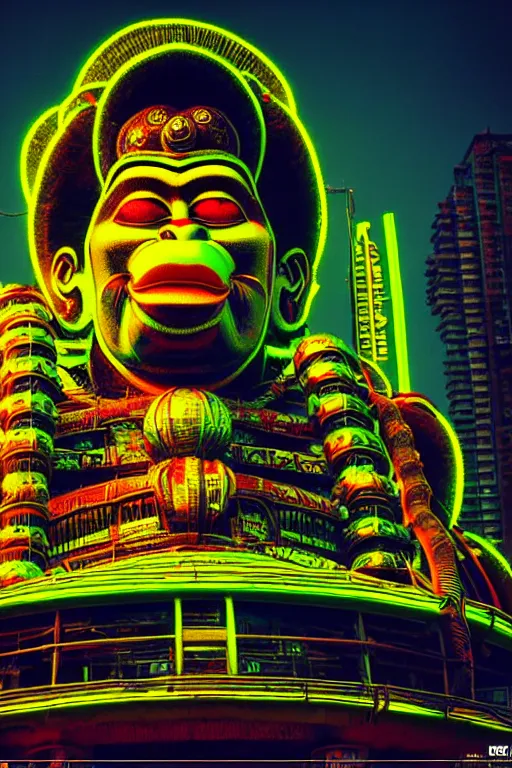 Prompt: high quality photo hyperrealistic cyberpunk hanuman head building, neon yellow madhubani, highly detailed, in sci - fi mumbai, unreal engine cinematic smooth, liam wong, moody light, low angle, uhd 8 k, sharp focus