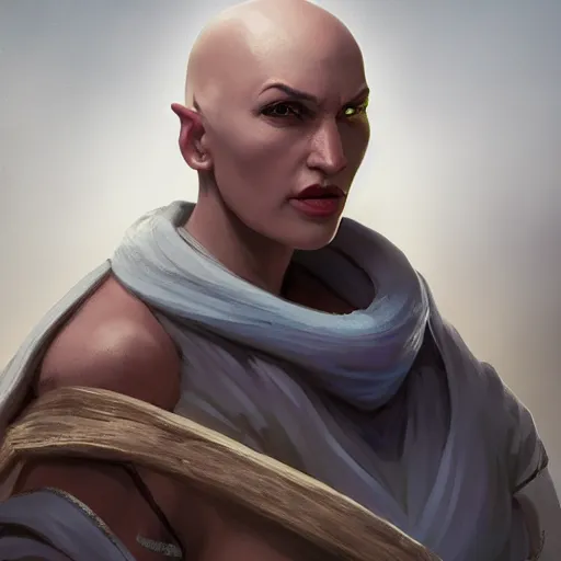 Prompt: portrait jovial female goliath from Dungeons and dragons, bald monk, blue skin, monk robes, white eyes, andrei riabovitchev, nuri iyem, james gurney, james jean, greg rutkowski, highly detailed, soft lighting 8k resolution