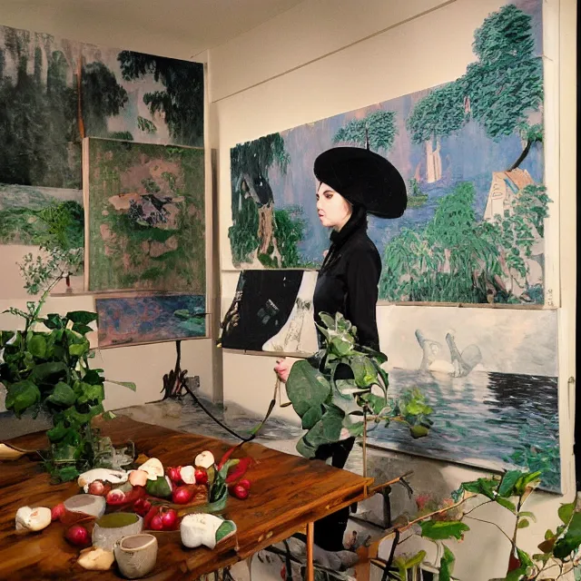 Image similar to tall female emo vegan socialist artist in their flooded apartment, painting of flood waters inside an artist's home, a river flooding indoors, pomegranates, pigs, ikebana, zen, water, octopus, river, rapids, waterfall, black swans, canoe, berries, acrylic on canvas, surrealist, by magritte and monet