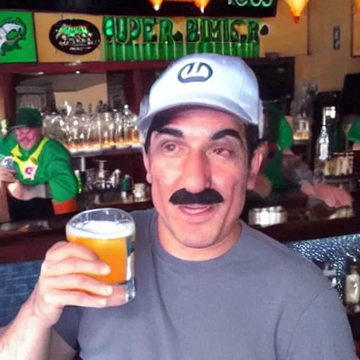 Prompt: luigi from super mario chugging a beer with the boys at the bar