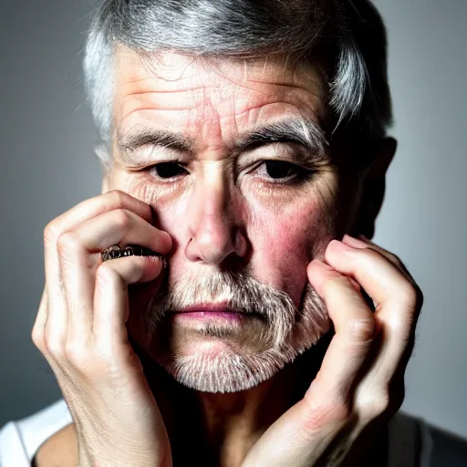 Image similar to a masterpiece portrait photo of an older man biting nails, mary elizabeth winstead symmetrical face