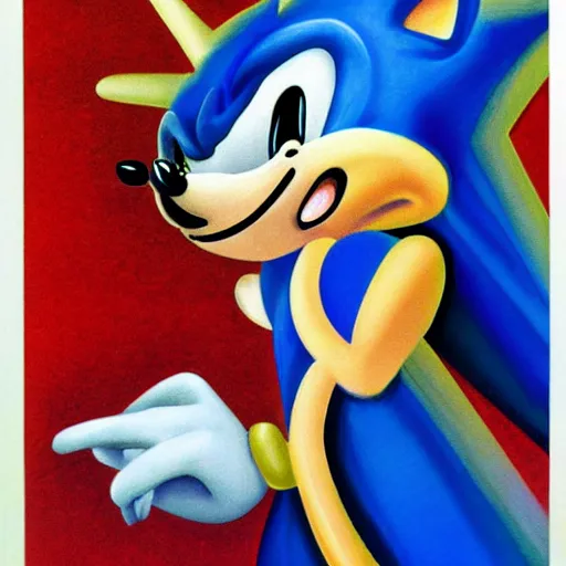 Prompt: a distorted, surrealist painting of classic Sonic the Hedgehog in the style of Salvador Dali, 1928