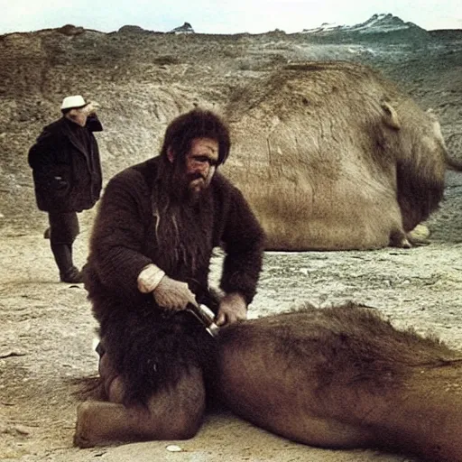 Prompt: “in the prehistory color photo of a real Neanderthal man taking an iPhone photo of his wife on a dead mammoth , National Geographic , anthropology photo”