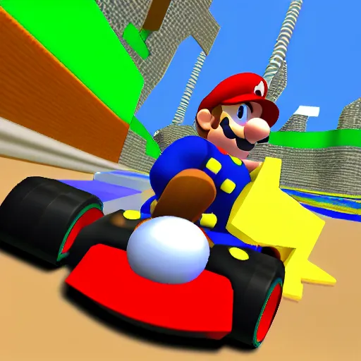 Image similar to thor on rainbow road, mario kart 6 4 screenshot, low poly, aliased