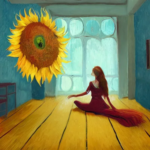 Prompt: giant sunflower head, woman in a luxury apartment, surreal, dramatic light, impressionist painting, digital painting, artstation, van gogh