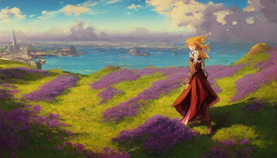 Image similar to over the shoulder landscape painting of violet evergarden standing on a distant colorful flower hill, behind it a distant old european city leiden from violet evergarden next to the reflecting ocean, ocean, sunshine, fantasy, intricate, elegant, highly detailed, digital painting, artstation, smooth, sharp focus, illustration, by Anton Fadeev and Philipp A. Urlich and greg rutkowski