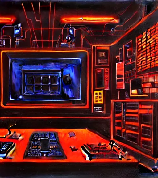 Prompt: portrait of a boss lair with a large terminals on the wall, cybertronic gadgets, vantablack cloth technology, night, rusty shapes, biotechnology, dariusz zawadzki, tim hildebrandt, wayne barlow, bruce pennington, larry elmore, oil on canvas, deep depth field, masterpiece, cinematic composition, hyper - detailed, hd, hdr