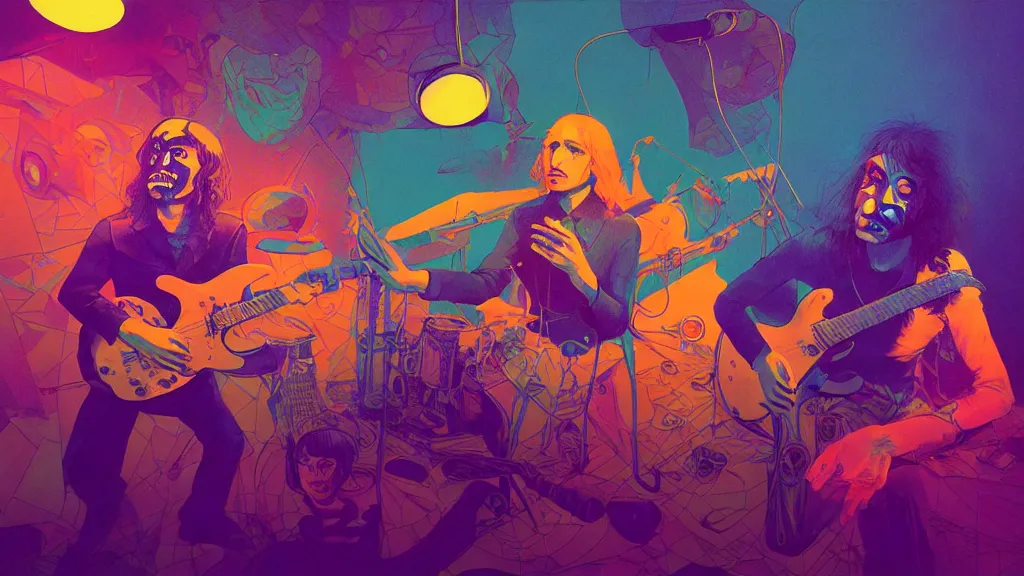 Image similar to duotone trippy 1 9 6 0 s lsd concept illustration of hippy rock musicians on stage. volumetric lighting. golden ratio accidental renaissance. by sachin teng and sergey kolesov and ruan jia and heng z. graffiti art, scifi, fantasy, hyper detailed. octane render. concept art. trending on artstation.