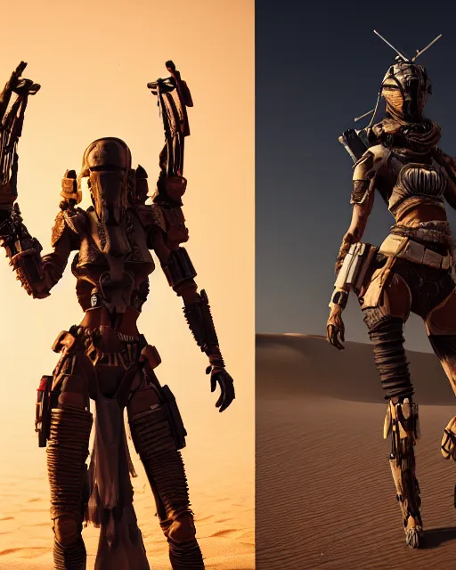 Prompt: render of a futuristic female desert nomad, apocalyptic style, style of Star Wars, style of Horizon Zero Dawn, part by Tsutomu Nihei, part by Emil Melmoth, part by Craig Mullins, part by Yoji Shinkawa, centre image, dof, golden hour, 8k