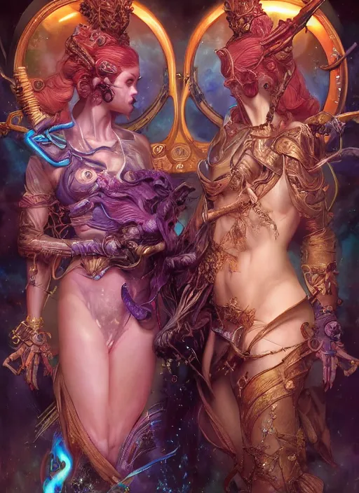 Image similar to beautiful gemini good and evil fantasy female character portrait, highly saturated colors, ultra realistic, wide angle, intricate details, the fifth element artifacts, holographic undertones, highly detailed by peter mohrbacher, hajime sorayama, wayne barlowe, boris vallejo, aaron horkey, gaston bussiere, craig mullins